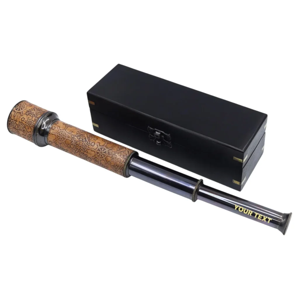 Engraved Leather & Gunmetal Telescope Gift with Wooden Box