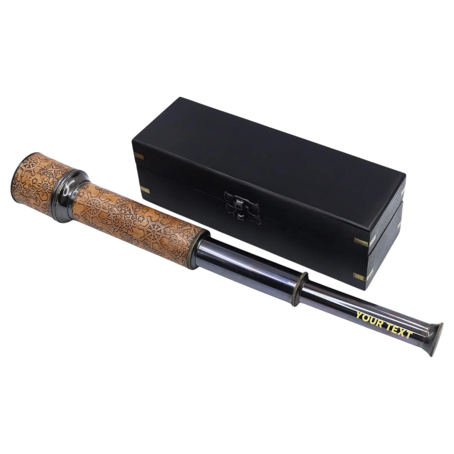 Engraved Leather & Gunmetal Telescope Gift with Wooden Box