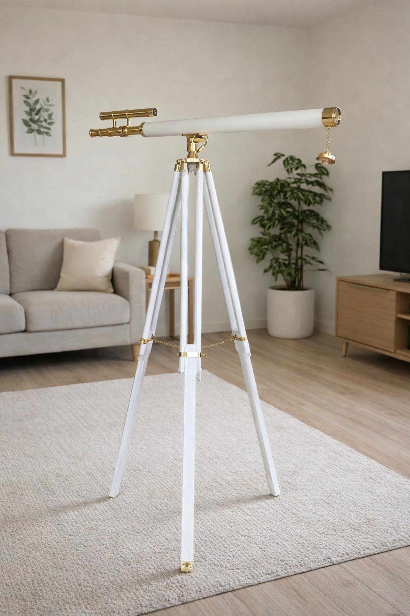 White Leather & Brass Telescope Wooden Tripod - Image 3