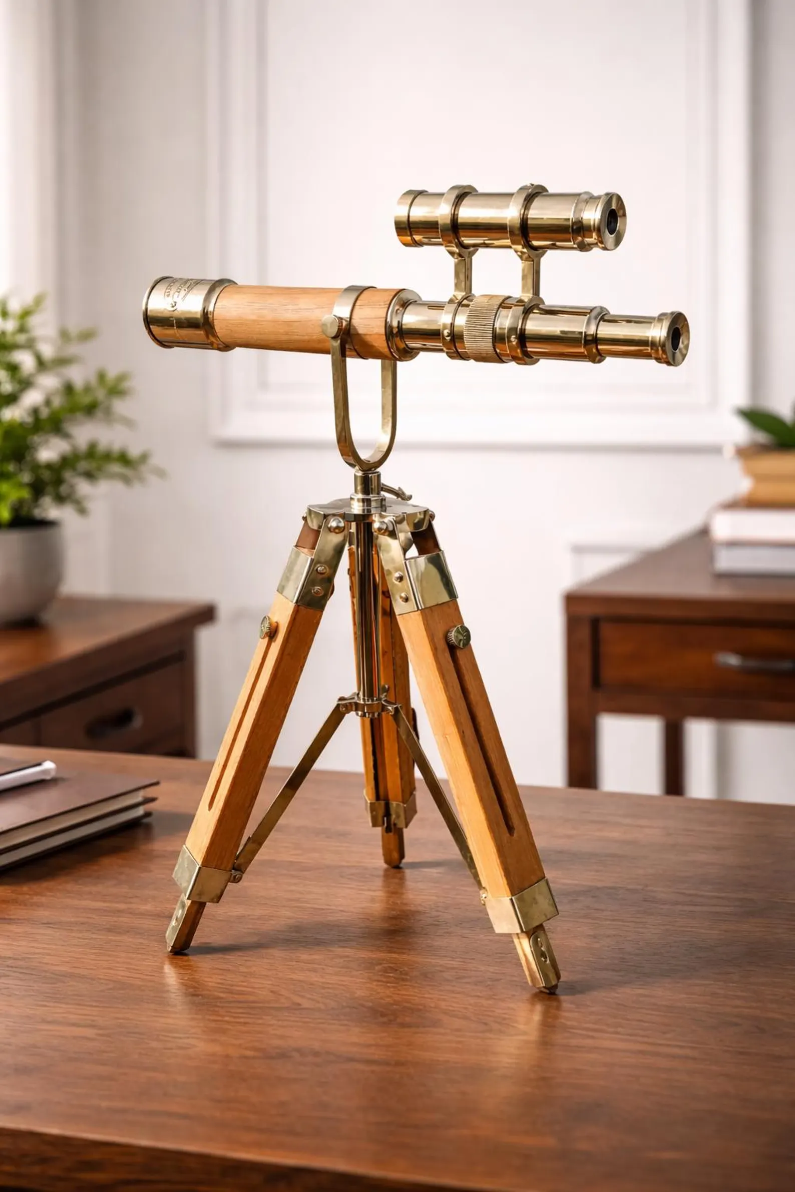 Handcrafted Brass Telescope on Wood Tripod Maritime Decor Collectible Nautical Gift
