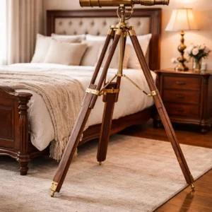 Antique Brass Telescope with Wooden Tripod – Luxury Office Decor
