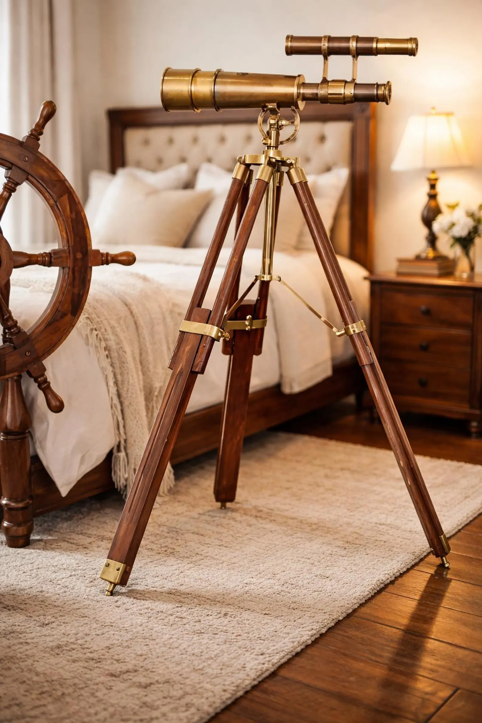 Antique Brass Telescope with Wooden Tripod – Luxury Office Decor - Image 2