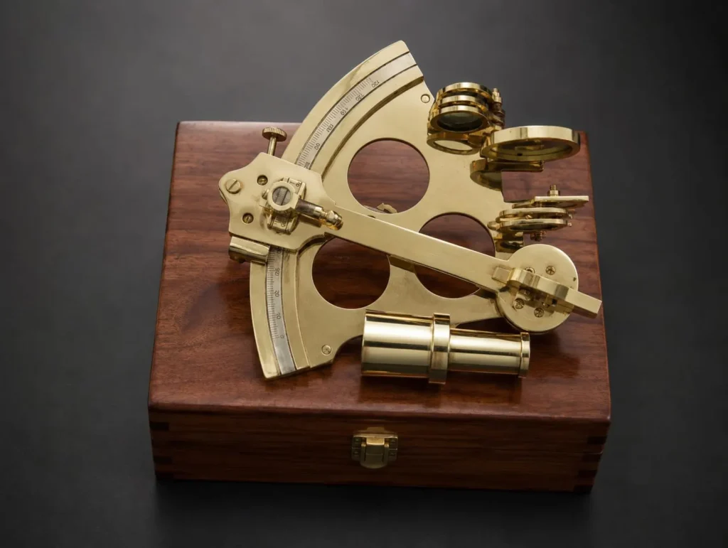 8” Handmade Brass Sextant Replica with Wooden Storage Box Vintage Marine Collectible