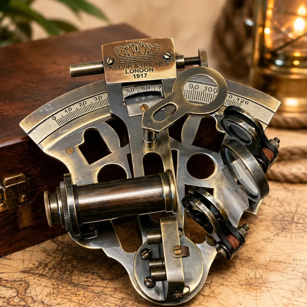Brass Sextant with Wooden Box, Engraved Nautical Navigation Instrument, Captain Gift Him