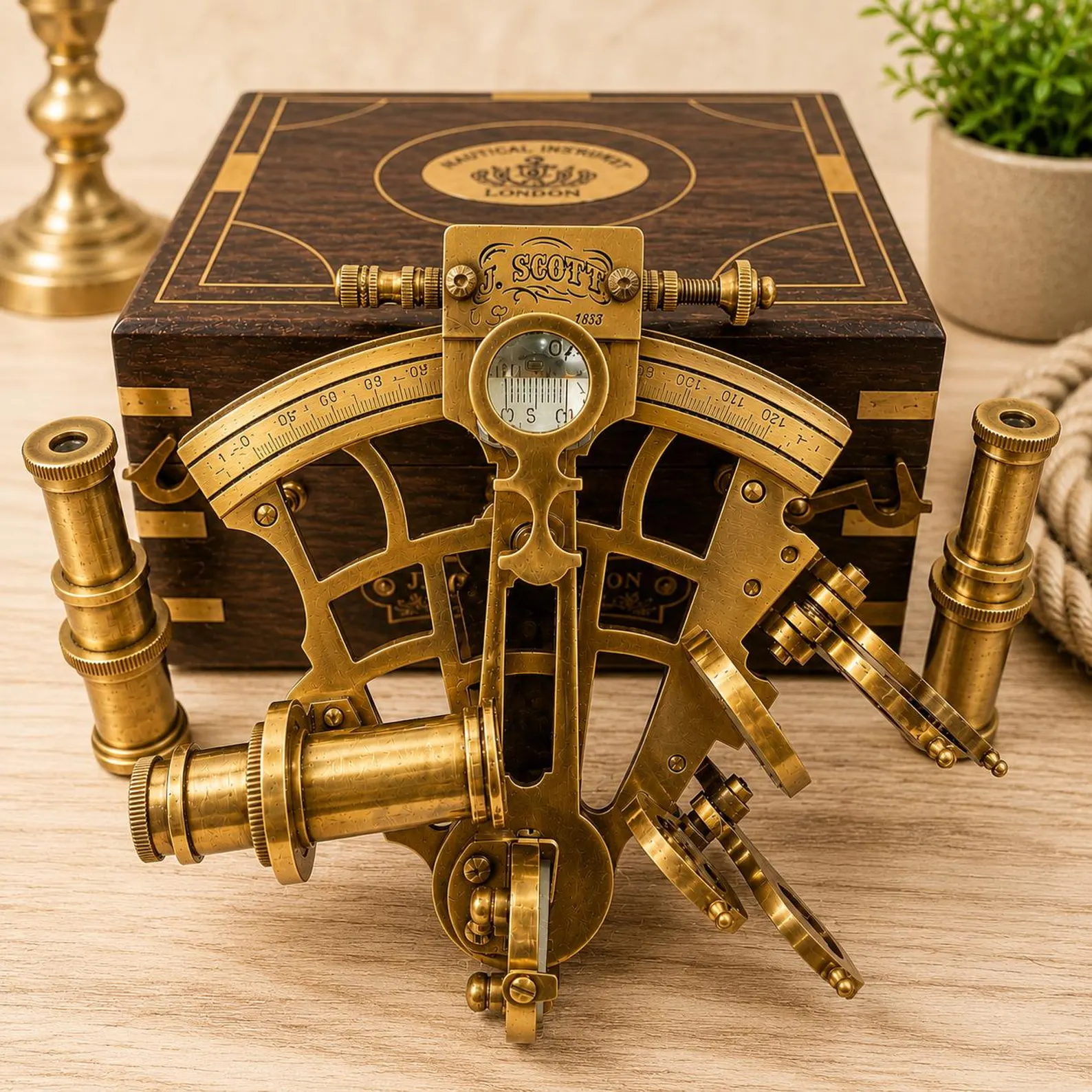 Antique Brass Sextant with Wooden Box – Nautical Navigation Instrument, Maritime Decor, Desk Collectible - Image 2