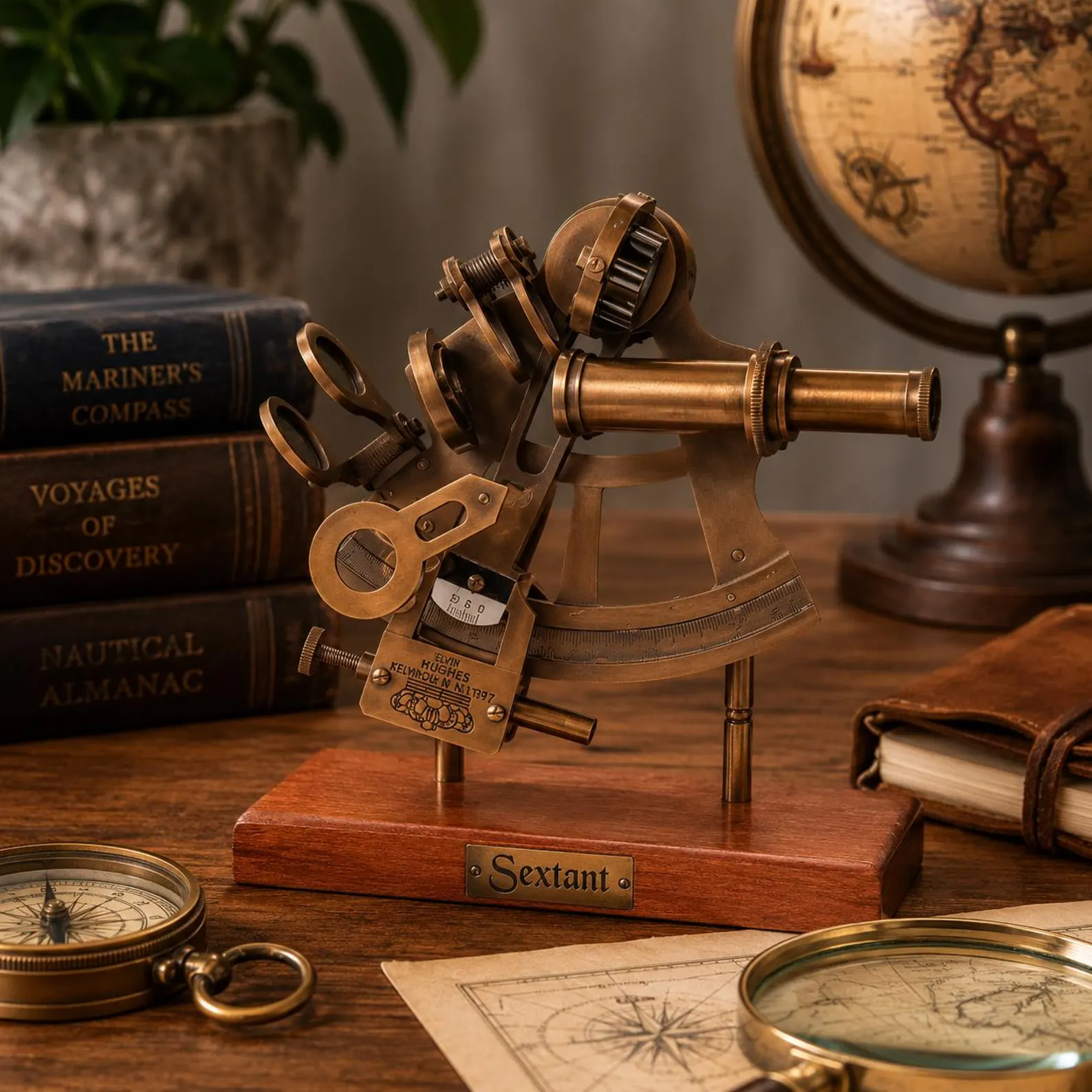 Antique Maritime Navigation Instrument, Wooden Base Desk Decor, Sailor Gift - Image 3